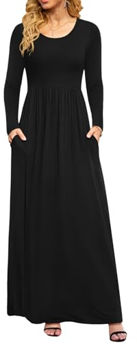 DB MOON Women Casual Long Sleeve Black Maxi Dresses Empire Waist Long Dress with Pocket L