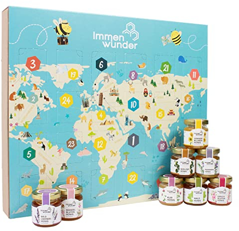 Immenwunder Geschenk-Set Honig – 24 Honige aus aller Welt – mit erlesenen, naturbelassenen – Honigkalender als zu Ostern, Geburtstag, Muttertag oder Frauentag – 24x50g