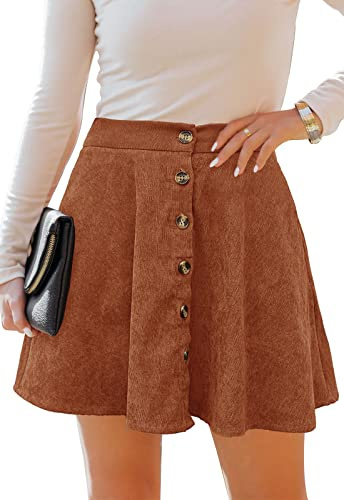 HERBATOMIA Women’s A-line Short Brown Skater Skirt Corduroy Button Front High Elastic Waist Skirts for Women with Pocket