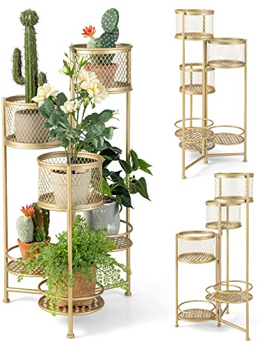 COSTWAY Porta Piante da Interno Pieghevole, Scaffale per Piante e Fiori in Metallo a 6 Livelli,Porta Vasi Salvaspazio da Balcone e Salotto, 41 x 39 x 82 cm (Oro)