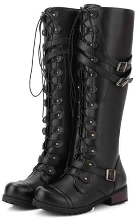 ENWIND Femmes À Lacets Gothiques Punks Boots Bas Talon Large Longues Mollet Motard Bottes Militaires Plate Hiver Le Genou Bottes Hautes en Cuir,Noir,42 EU