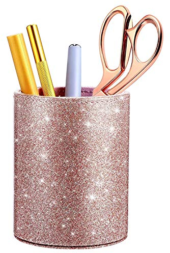 Pennhållare,Glitter Pennhållare Pennskål Rose Gold Shiny för kvinnor Flickor, Lyx sminkborsthållare Pu Läder Organizer Cup