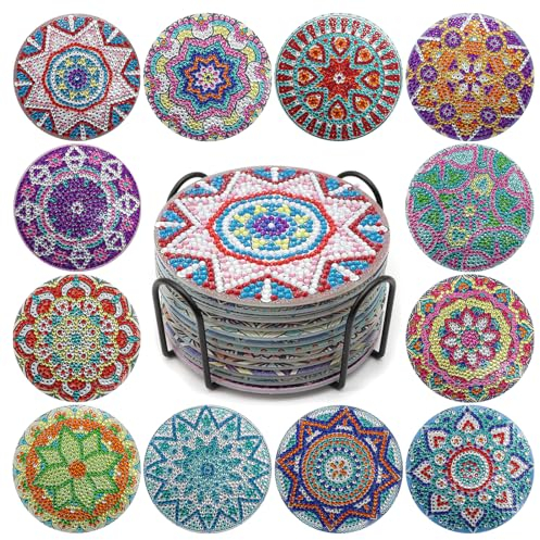 ZEHIQ Diamant Kunst Untersetzer Kit, 12 Stück DIY Mandala Diamant Kunst Malerei Untersetzer mit Halter, Zubehör für Erwachsene und Kinder