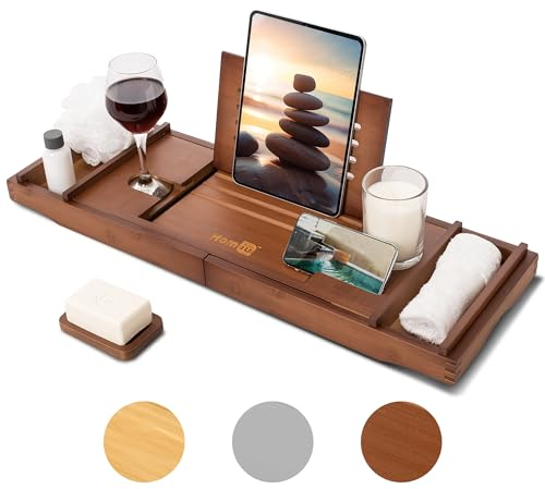 Homiu Bamboo Bath Tray - Extendable Bath Caddy - Natural Wooden Bathtub Tray with Candle, Wine Glass, Book Rest, iPad & Phone Holder Stand - Luxury Bathtub Accessories (Dark Brown)