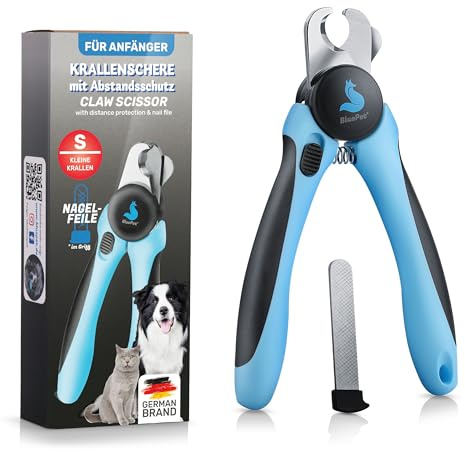 BluePet Tijeras de uñas con protección para perros y gatos pequeños, con espaciador para mayor seguridad, pinzas para uñas pequeñas + lima de uñas en el mango, alternativa a las tijeras de uñas y al