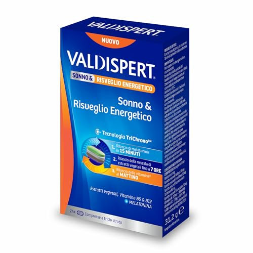 Valdispert Sonno & Risveglio Energetico, 24 Compresse per l'Addormentamento, il Sonno Regolare e l'Energia Mattutina con Melatonina, Estratti Vegetali, Vitamina B6 e B12, Senza Glutine e Lattosio