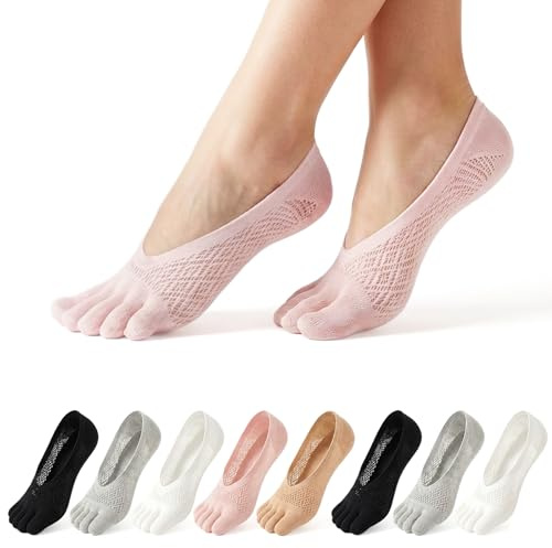 Maxmoc 8 Pairs Toe Socks,No Show Socks Women,Breathable Sock With Toes,No Show Low Cut Liner with Gel Tab,Support Compression Sock