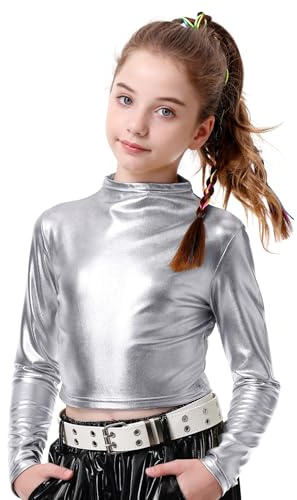 LOLANTA Top Court métallisé à Demi-col roulé pour Fille, Haut de Danse Scintillant pour Le Hip-hop, Le Disco, la scène et Les soirées, Argenté, 8-9 Ans, 140