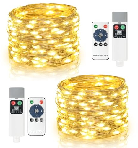 Bowfar Catena Luminosa a Batteria, 2 Pezzi 10M 100LED USB Ricaricabile Stringa Luci LED, 8 Modalità, Luci LED a Batteria con Telecomando e Timer per Feste, Matrimoni, Natale, Bianco Caldo