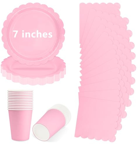 LAWALEISHE 72Pcs Pink Paper Plates, Disposable Party Plates Cups and Napkins, 7 Inch Strong Picnic Plate, Baby Pink Party Tableware Set 24 Guests for Birthday Wedding Table Decorations