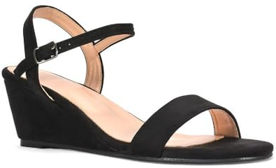 ESSEX GLAM Women's Low Heel Wedge Sandals Ladies Ankle Strap Black Faux Suede Open Toe Shoes Size 3