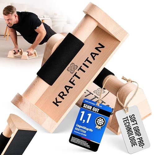 KRAFTTITAN Premium Liegestützgriffe aus Holz [Extrem rutschfest und stabil] mit Soft Grip Griff | Parallettes | Ergonomische und gelenkschonende Handstand Griffe | Calisthenics Equipment