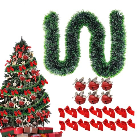 Onlvmyur 10M Guirnalda de Navidad Artificial Guirnaldas Navideñas Guirnaldas de Oropel con Lazo y Campanas Decoraciones para Navidad Fiesta (Verde Oscuro)
