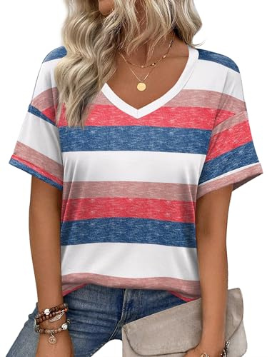 Zeagoo T Shirt Femme Manches Courtes Tee Shirt col V Haut Ete Tshirt Ample | Décontracté Tunique Imprimé S-XXL