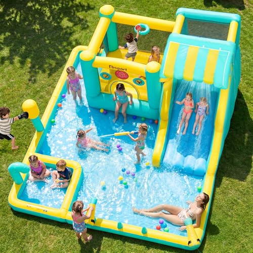 FBSPORT Castello Gonfiabile 10-in-1, Scivolo d'Acqua Castello Gonfiabile con Soffiatore 480W, da Giardino per Bambini con Piscina di Schizzo, Utilizzo Interno ed Esterno