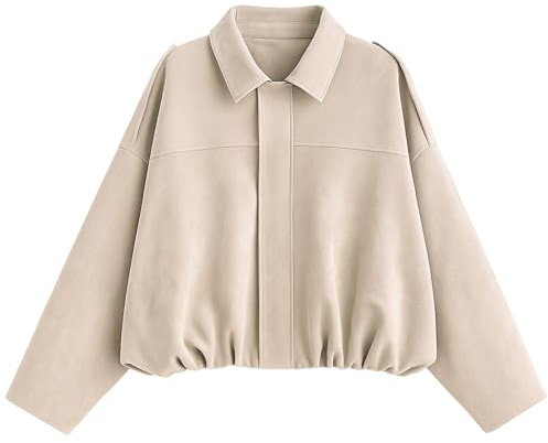 WERFORU Veste Blouson Aviateur Courte en Simili-Daim pour Femme,Veste Pilote Décontractée Coupe Oversize,Manches Longues Chauve-Souris,Zippé