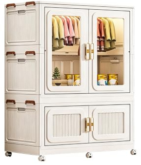 Perchero Armario Portátil Plegable con Ruedas Puertas de Magnéticas | Armario Vestidor Abierto Grande Fácil de Instalar para Dormitorios y Apartamentos Cajas de Almacenamiento(90x53x145cm)