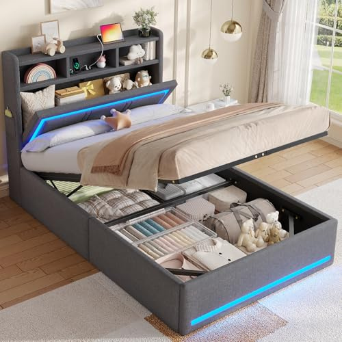 AOGLLATI Polsterbett 90x200 mit LED Beleuchtung, USB-C & Hydrauliksystem (Dunkelgrau, 90x200 cm)
