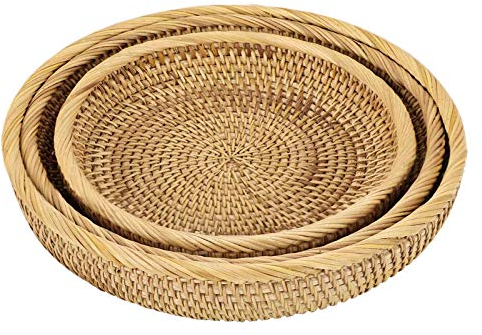 Sumnacon Set of 3 Round Rattan Woven Decorative Display Tray Fruit Bread Serving Baskets Storage Baskets Bowls Table Desktop Countertop (25+23+20cm)