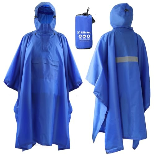 ElifeAcc Adult Waterproof Rain Poncho With Reflective Strips & Hood Buckles | Lightweight Reusable Wind‑proof Poncho Multi‑purpose for Camping Hiking Hunting Festival Travel Outdoor Emergency Use