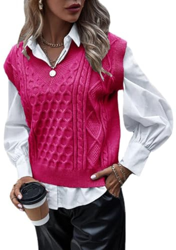 shownicer Chaleco sin Mangas Mujer Jersey Suéter sin Mangas Punto Corto Jerséis Fino Cuello V Tops Primavera Camisetas sin Mangas Casual Pull-Over Otoño Invierno Z Rosa Roja S