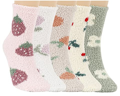 QKURT 5 Pairs Fluffy Socks, Thicken Fuzzy Socks Plush Cozy Socks Women Slipper Socks Comfy Bed Socks Ladies Winter Warm Socks Soft Home Socks Fruit Flower Pattern