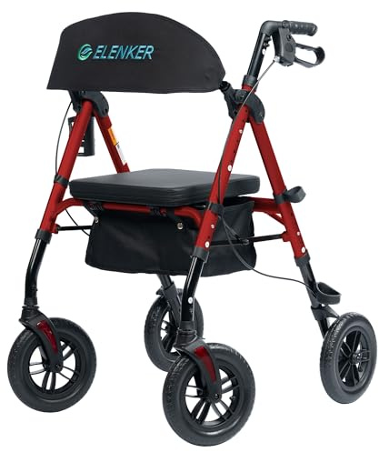 ELENKER All-Terrain Rollator Walker with 10” Non-Pneumatic Wheels, Sponge Padded Seat and Backrest, Fully Adjustment Frame for Seniors, Red