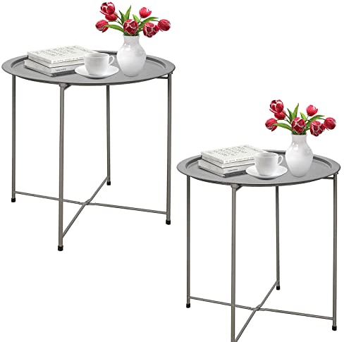 Garden 4 you Folding Tray Metal Side Table 2PC Grey Round End Table Cyan Sofa Small Accent Fold-able Table, Round End Table Tray, Next to Sofa Table, Snack Table for Living Room and Bed Room