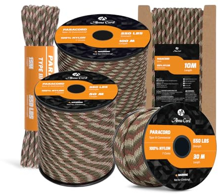Abma Cord 550 Paracord 4mm 15m 7 Kärntrådar Nylonrep Typ III | 10m/15m/30m/50m/100m, Max 250kg, DIY, Camping, Överlevnad, Utomhus