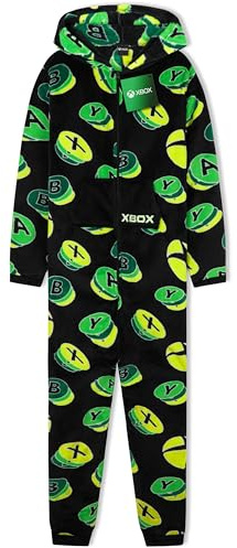 Xbox Pijama Entero Niño Adolescente Invierno Pijamas Enteros con Capucha Monos de Dormir Niño Onesie Cálido Gamer Regalos (14-15 Años, Negro/Verde)