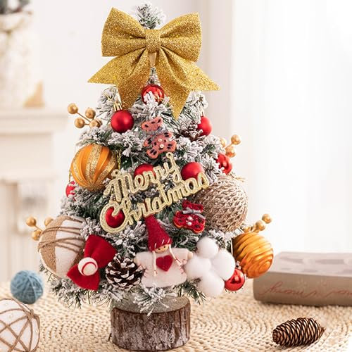 DXIA 45cm Mini Árbol De Navidad Iluminado, Pequeño árbol de Navidad con Luces Arcos, Bolas de Navidad y Piñas, Artificialmente para Decoración Navideña de Escritorio,Naranja