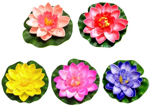 JIHUOO 5 fiori di loto artificiali in schiuma da 10 cm, fiori di loto galleggianti, impermeabili, per giardino, stagno, fontana, acquari, decorazione
