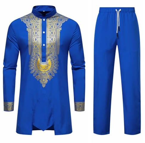 Duohropke Traje de hombre africano Ropa africana Conjunto de 2 piezas Traje Casual Acogedor de dos piezas Árabe Islámico Caftán Ropa étnica, azul, M