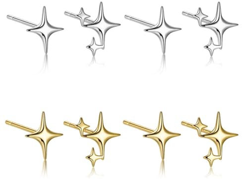 SLAXJNE Stern-Ohrringe, 4 Paar, Silber & Gold, Stern-Design, Kupfer, Klassisch, Unisex, Ohne Edelstein