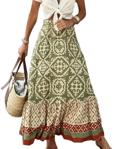 EMOTTOS Falda Boho Larga Mujer Elástica Básica para Playa y Vacaciones, Verde S-XL