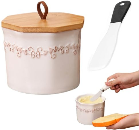 Burriera in ceramica con chiusura in bambù, burriera francese bianca da 300 g, in porcellana con coltello in ceramica, per burro fresco e spalmabile, accessorio ideale per la tua cucina