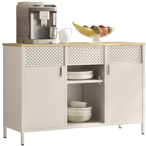 SONGMICS Armario de Almacenamiento, Armario de Metal, Aparador con Puertas Dobles, Cierre Magnético, Estantes Ajustables, Marco de Acero, Beige Arena y Roble Natural LSC204LF01