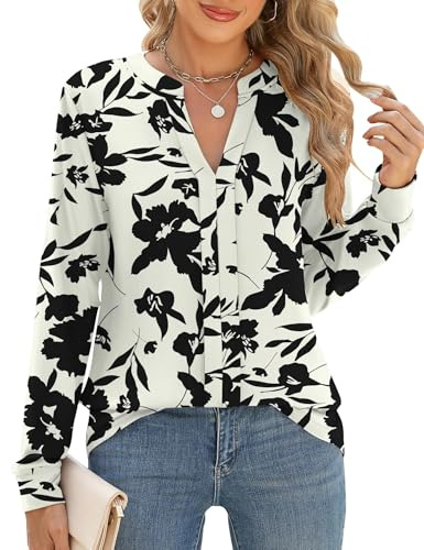 Cuptacc Magliette Donna Manica Lunga Scollo a V Top Donna Camicie Elegante Plissettata Blusa e Camicie Albicocca Nero Fiore, Small S 36