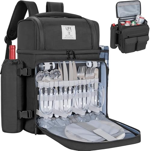 OUUTMEE 30L Sac à Dos de Pique-Nique pour 4 Personnes avec 2 Compartiments Réfrigérants Isolés et Étanches, Sac de Pique-Nique avec Vaisselle et Couverture, pour Plage, Camping, Randonnée (Noir)