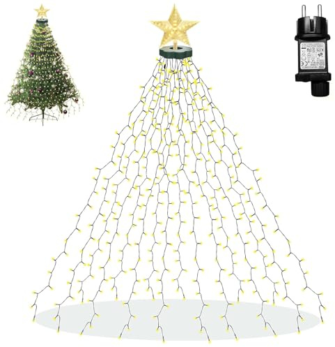 YOHAYO Luces de Navidad para Árbol 2M con Anillo y Estrella 16 Hebras 410 LEDs 8 Modos de Iluminación Luces de Cascada para Interior y Exterior Blanco Cálido