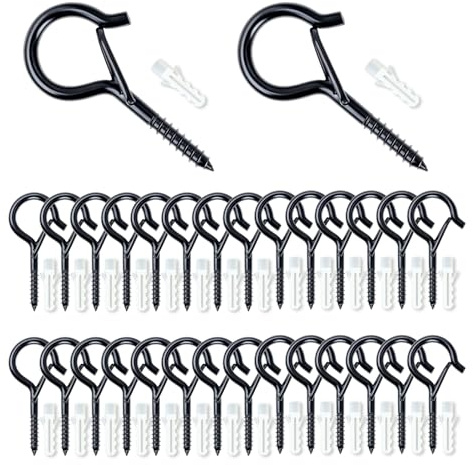 zizitips 30 ganchos de rosca con cierre de seguridad, ganchos negros para pared y techo con tacos, resistentes para colgar plantas, luces decorativas, campanas y objetos interiores y exteriores