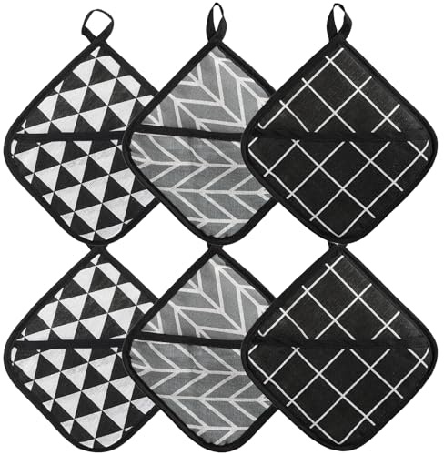 MIPIACE 6 Pezzi Presine in Cotone 18 x 18 cm Presine da Cucina per Cottura con Anello per Appenderle Resistente al Calore Presine da Cucina Complet per Cucina Cottura al Forno Microonde