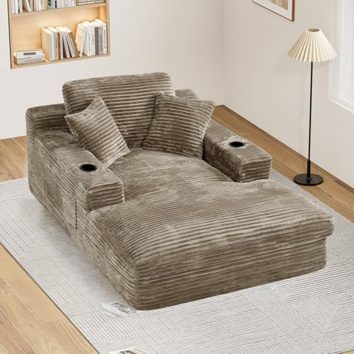 Oversized Chaise Lounge Chair Indoor with Cup Holders & Side Pocket, 50W x 76D Plush Corduroy Boneless Chaise Lounge with 2-Layer Sponge & Deep High Seat Comfy Reading Chair - Dark Camel