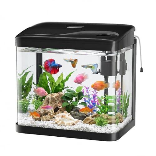 PUTINEI Acquario in Vetro Acquario Completo Acquarios Per Pesci Rossi,con Illuminazione a LED e Sistema di Filtraggio,6 Litri,Nero,Set Per Principianti