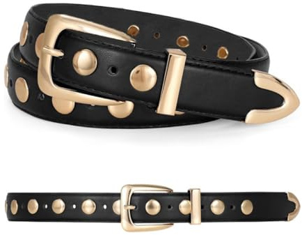 Pro-Noke Women Vintage Punk Studded Leather Belt, 3cm Wide Adjustable Fashion Belt with Gold/Silver Buckle for Jeans Pants Dresses