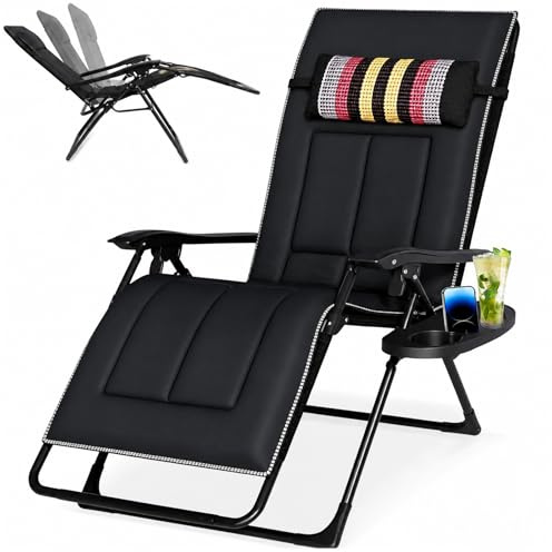 Fauteuil Relax Zéro Gravité Pliable & Inclinable, Chaise Longue Matelassée, Transat Extérieur avec Porte-Gobelet Latéral, Bain de Soleil à Accoudoirs, Charge Max 220kg Jardin Terrasse Piscine(Noir)