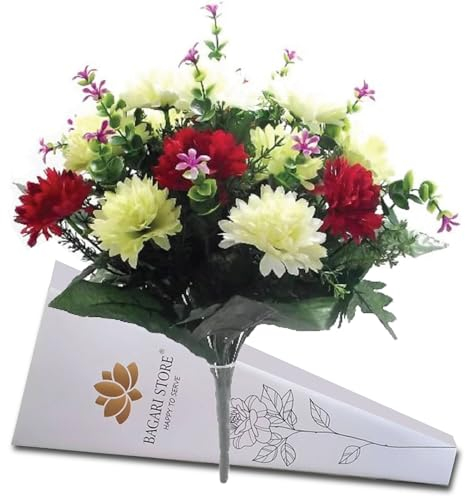 Bagari 41cm Artificial Flowers for Graves Cemetery- Fake Plastic Bunch of 16 Heads- Large Mixed Bush Ivory-Red-Light Green Delivery Next Day Prime-Fresh Bouquet for Outdoot & Indoor Events Home Decor