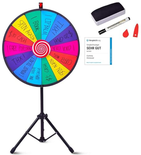 COSTWAY 24 Ruleta de La Suerte, Ruleta de Juego con Soporte Trípode Altura Ajustable con Pluma Borrador de Pizarra, Rueda de la Fortuna para Fiesta Juguete (24 Pulgadas, Estilo 1)