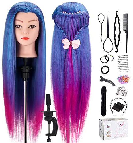 TopDirect 26inch 100% Synthetic Fiber Hair Training Head Cosmetology Hairdressing Mannequin Manikin Doll Head with Table Clamp Holder & DIY Hair Braid Set