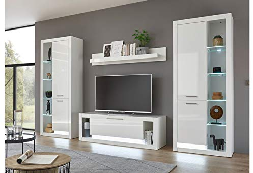 Wohnwand Mats I weiß Tiefzieh Hochglanz 350(310) x198x37-43cm Wohnzimmergarnitur Schrankwand Wohnzimmer Anbauwand Wohnzimmerschrankwand Wohnzimmerset Farbe ohne Beleuchtung